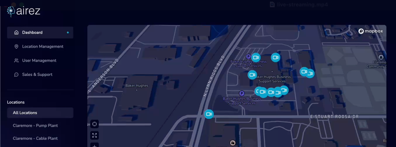 Airez platform dashboard showing multi-site location management and a 3D facility map with AI-monitored camera pins placed across a client property