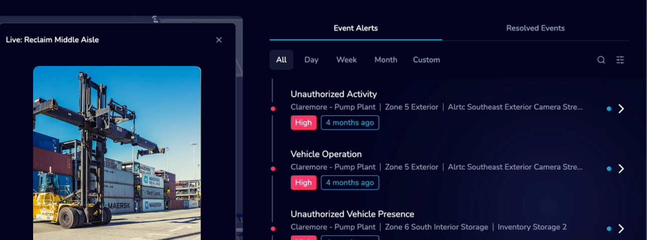 Airez event-alerts panel with a live video feed from an industrial container yard and a timeline of AI-detected events — unauthorized activity, vehicle operation, and vehicle presence — each tagged to specific zones and camera streams