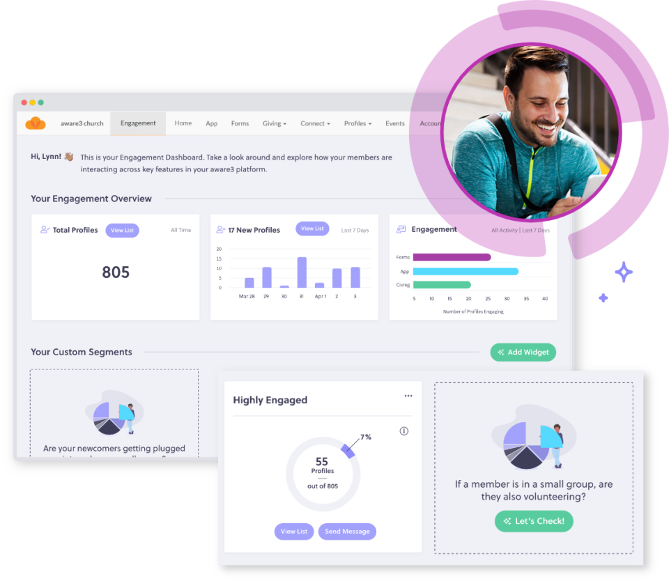 Aware3 engagement dashboard with member profiles, analytics, and custom segments