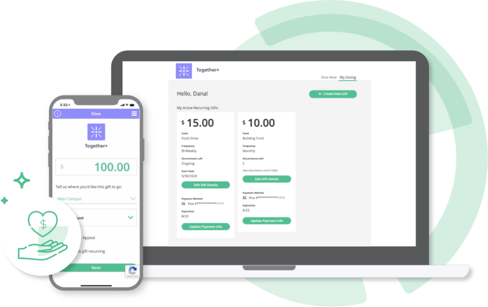 Aware3 Together+ online giving platform on mobile and desktop
