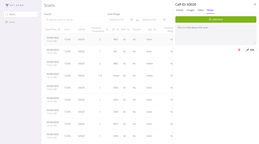 BCI Scan cattle ultrasound monitoring app interface