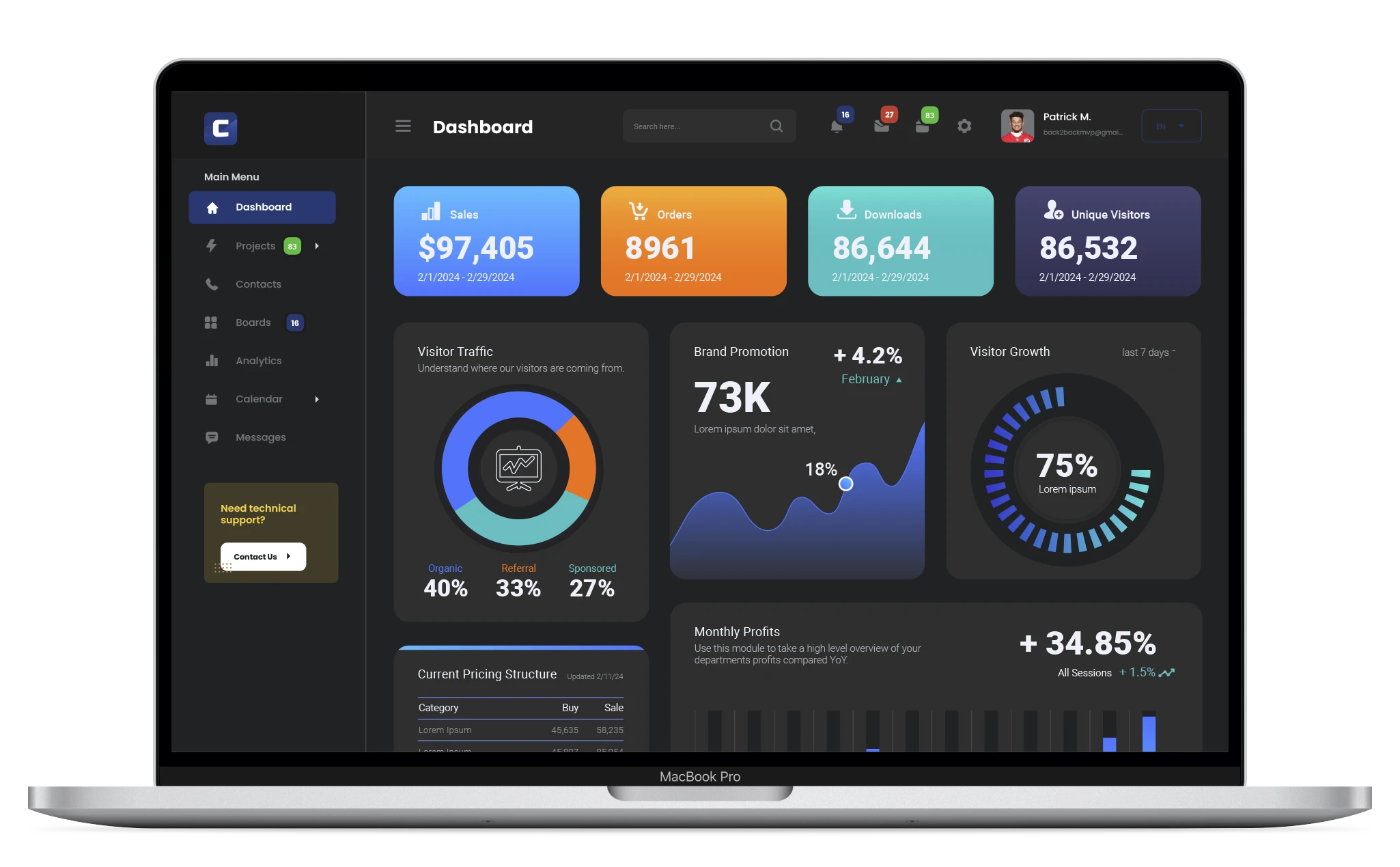 Desktop dashboard mockup in laptop frame