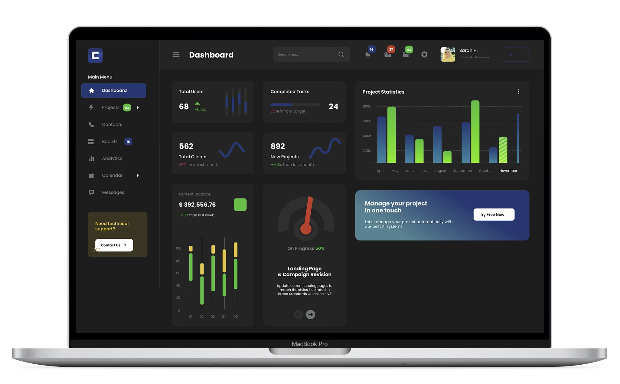 Dark desktop dashboard mockup in laptop frame